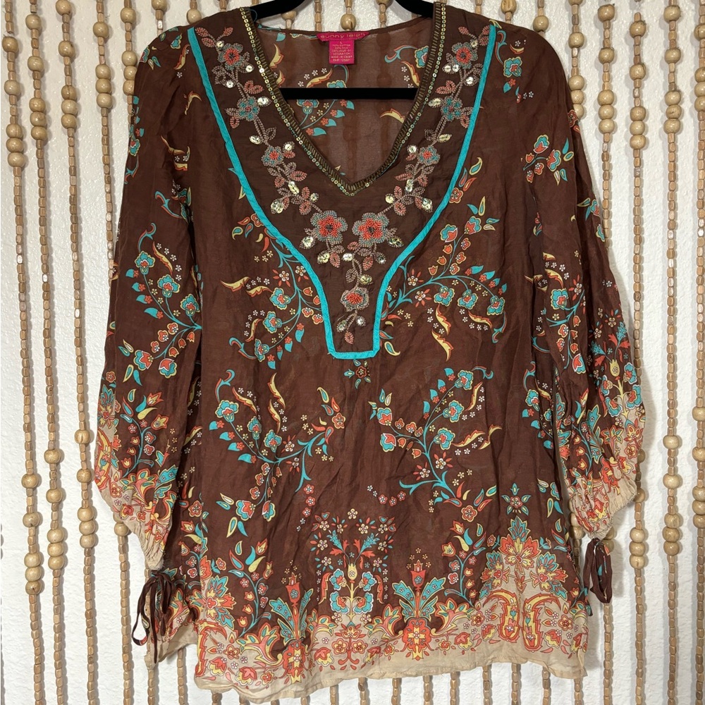 Vintage Y2K Silk Paisley Floral Peasant Long Sleeve Lightweight Sequin Blouse L